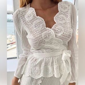 LoveShackFancy Polla White Eyelet Lace Peplum Wrap Blouse NWOT